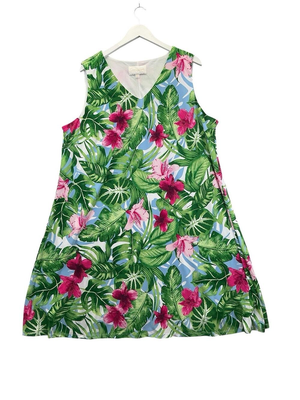 Pappagallo Pink Green Tropical Palm Leaf Shift Dress Sleeveless Preppy Resort 2X